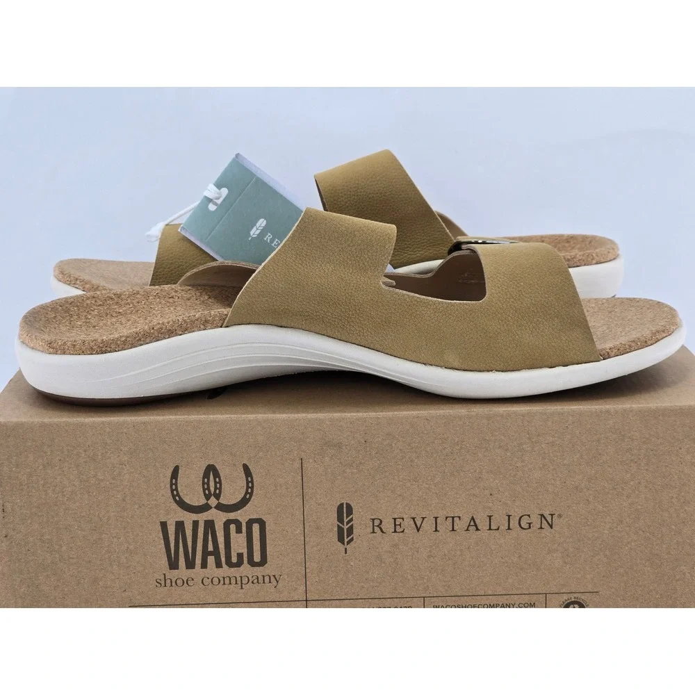 Revitalign Paxton Slide Sandals Mens 13EE Tan Leather Buckle -New